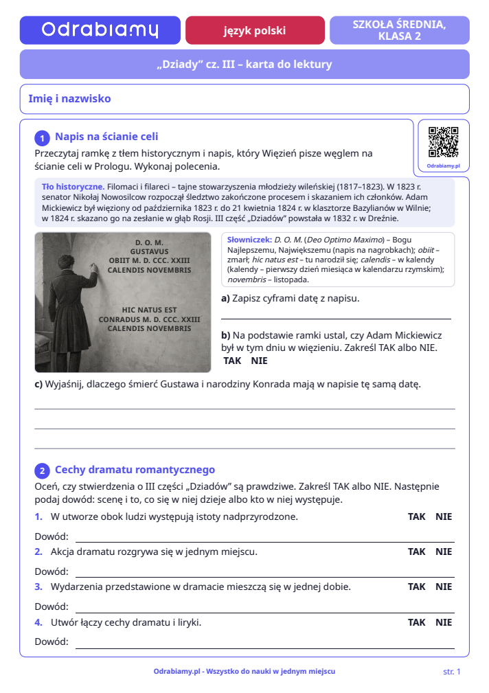 „Dziady” cz. III – karta do lektury