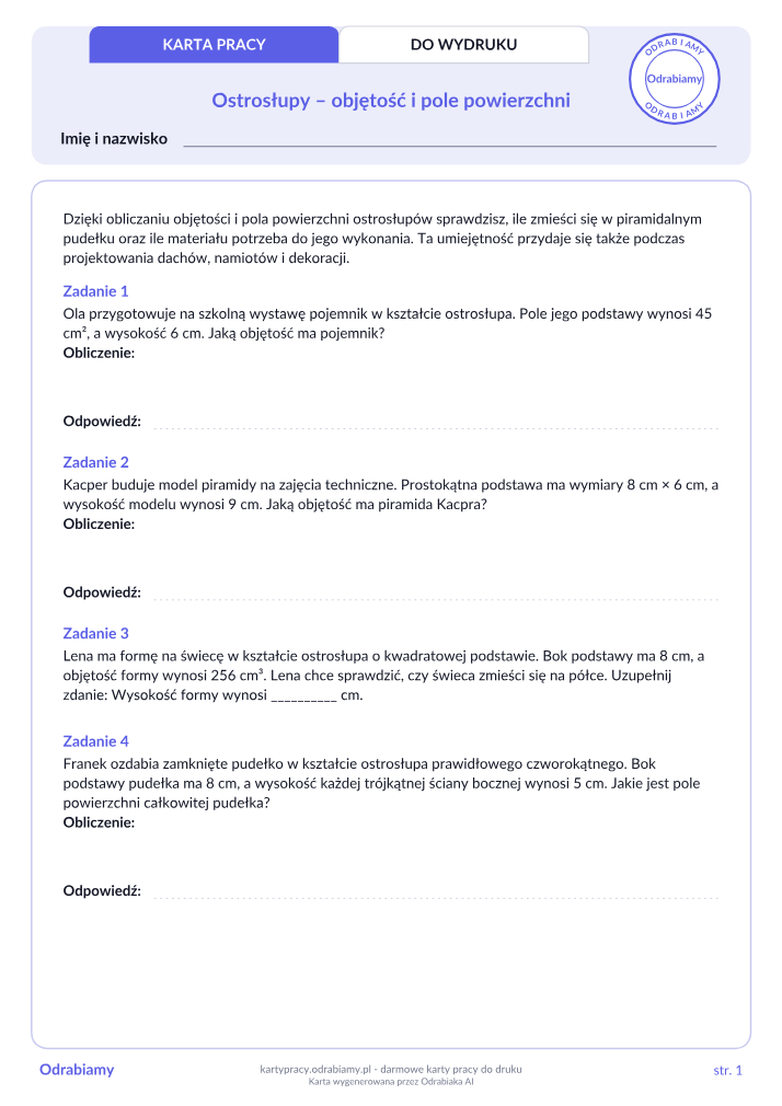 Ostrosłupy – objętość i pole powierzchni