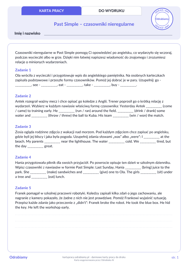 Past Simple – czasowniki nieregularne