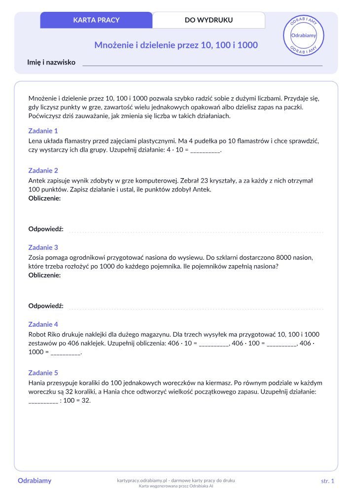 Mnożenie i dzielenie przez 10, 100 i 1000