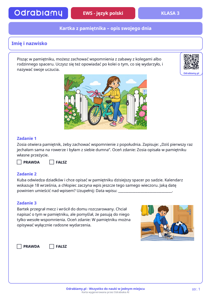 Kartka z pamiętnika – opis swojego dnia