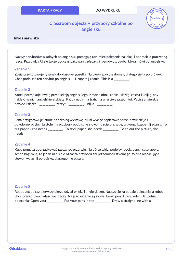 Classroom objects – przybory szkolne po angielsku